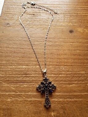 Blue Iolite Rhodium Sterling Silver Cross Pendant & Sterling Chain 